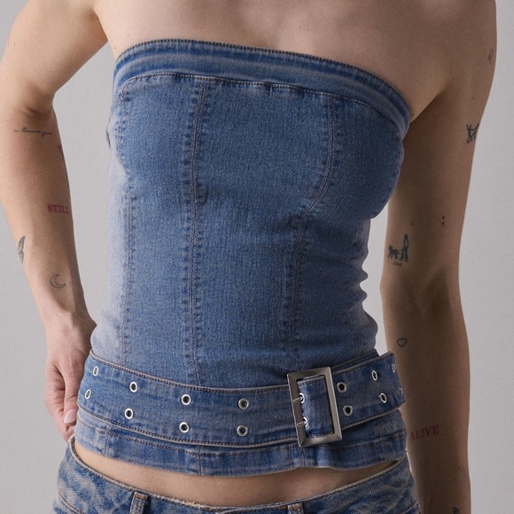 Silence+Noise Mia Belted Buckle Denim Tube Top Urban Outfitters Size Small Y2K - Picture 2 of 12